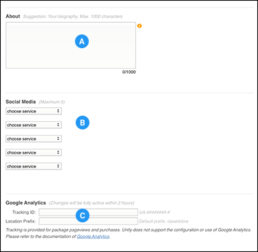 선택 사항 섹션: A-소개, B-소셜 링크, C-Google Analytics