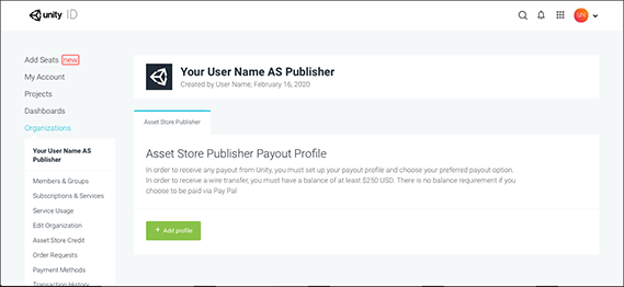 지급 프로필을 아직 설정하지 않은 경우 Unity ID AS Publisher 페이지가 Add profile 버튼과 함께 나타납니다