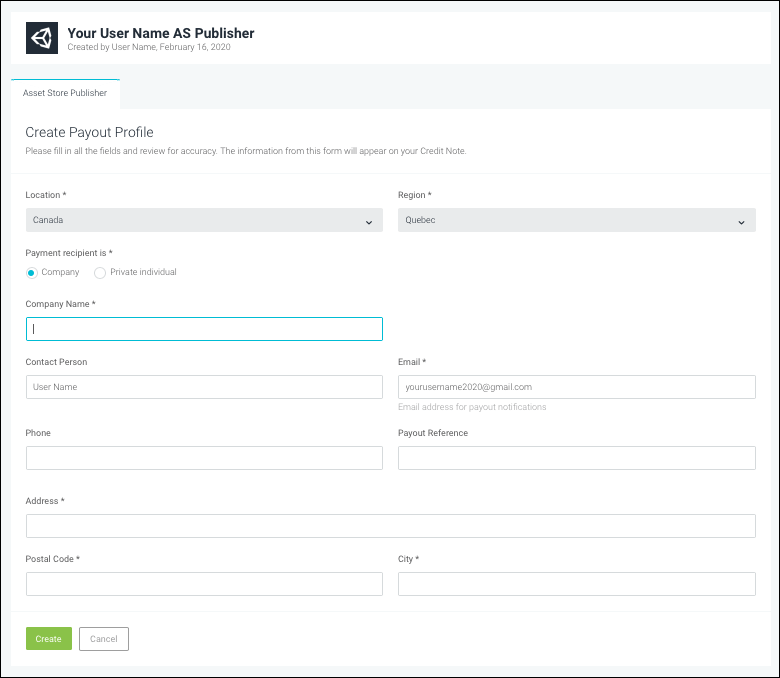 회사 계정에 대한 Create Payout Profile 페이지