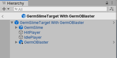 프리팹 모드의 GermSlimeTarget With GermOBlaster 프리팹 배리언트. GermOBlaster 프리팹이 기본 프리팹에 오버라이드로 추가됨