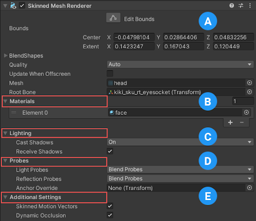 인스펙터 창에 표시된 Skinned Mesh Renderer 컴포넌트.