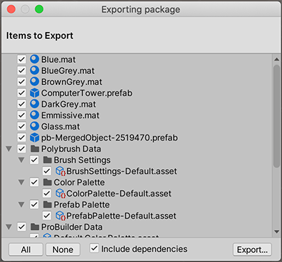 Exporting Package 다이얼로그