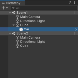 이 이미지에서 Scene1과 Scene2 모두의 Cube 게임 오브젝트가 기본 부모로 설정되었습니다. Scene1이 활성 씬이므로 Unity는 Scene1의 Cube를 Car 게임 오브젝트의 부모로 설정합니다.