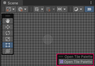 Open Tile Palette 오버레이는 씬 뷰의 오른쪽 하단에 표시됩니다.