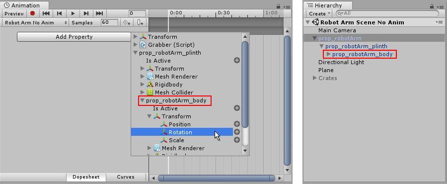 커브 추가 버튼을 누르면 자식 Game Objects 가 애니메이션화 프로퍼티 목록에 나타납니다. 이 목록을 확장하면 자식 게임 오브젝트의 Animation View 에서 애니메이션화 프로퍼티를 볼 수 있습니다.