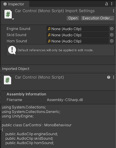 AudioClip 필드가 3개 있는 MonoBehaviour 스크립트. 이 필드에 대한 기본 레퍼런스는 설정되지 않은 상태로 표시됩니다.