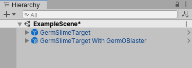 계층 창에 표시된 기본 GermSlimeTarget 프리팹과 GermSlimeTarget With GermOBlaster라고 불리는 해당 프리팹의 배리언트