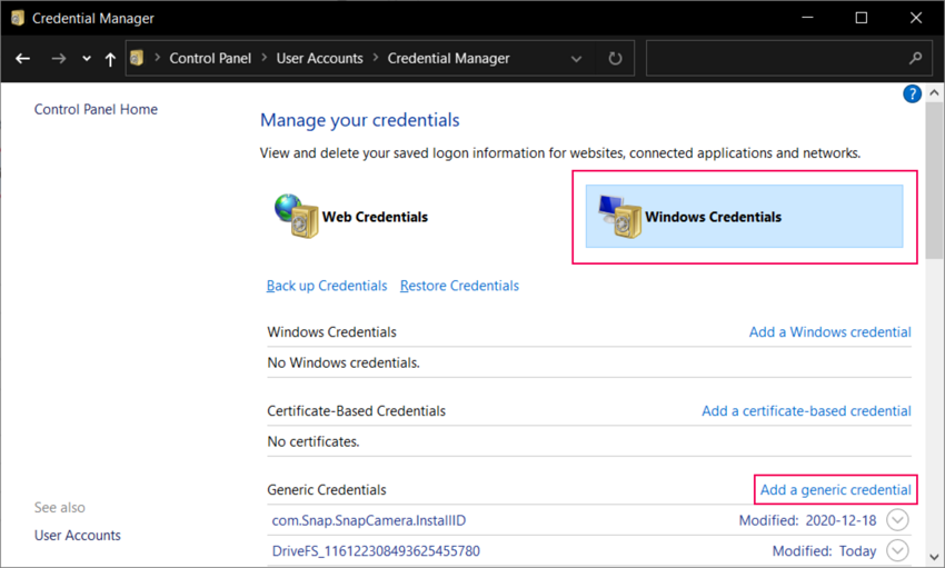 Windows Credential Manager에서 일반 자격 증명 추가
