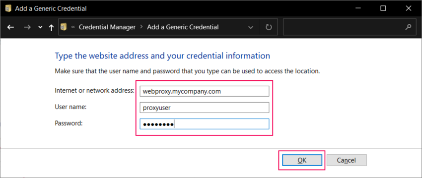 Windows 자격 증명 관리자에서 프록시 주소 및 자격 증명 입력