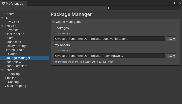 Package Manager 카테고리가 선택된 Preferences 창