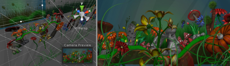  패럴랙스 무브먼트 이펙트를 준 2D 카드보드 씨어터 스타일 게임.에서 에셋을 사용하여 만든 이미지 (https://assetstore.unity.com/publishers/8138), Unity 에셋 스토어에서 제공