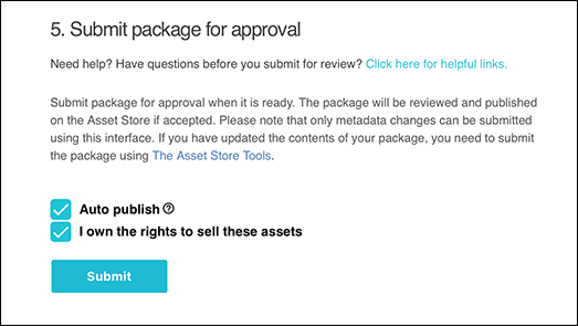 에셋 스토어에 패키지를 제출하려면 해당 에셋에 대한 권리를 보유하고 있어야 합니다
