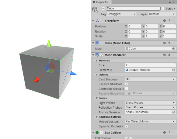 간단한 큐브 게임 오브젝트와 여러 컴포넌트