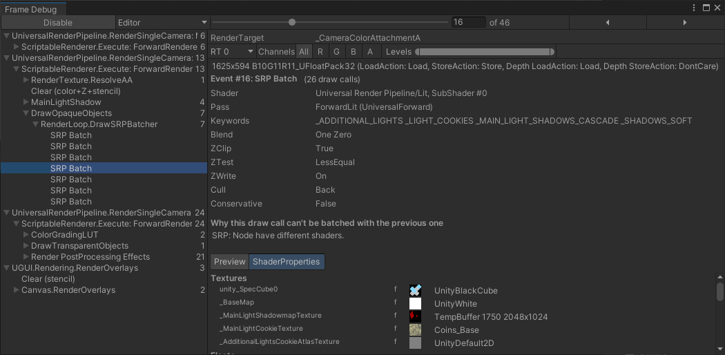 Frame Debugger 창에서 SRP 배처가 기존 배치를 계속하지 않고 새 SRP 배치를 만든 이유 등을 비롯하여 개별 배치에 대한 세부 정보를 찾을 수 있습니다.