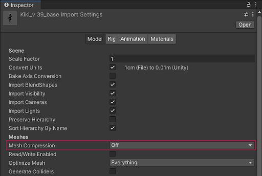 모델 임포트 설정 창에서 Mesh Compression 설정