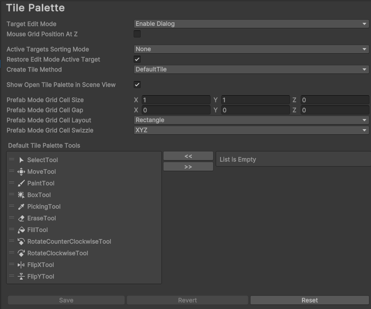 Tile Palette Preferences 창