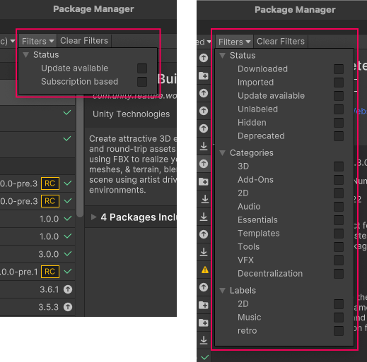 Filter controls for Unity Registry (left) and My Assets (right)