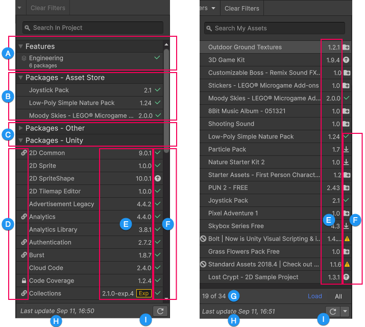 왼쪽 이미지는 프로젝트에 설치된 기능 세트 및 패키지를 보여 주고 오른쪽 이미지는 My Assets의 패키지를 보여 줍니다.