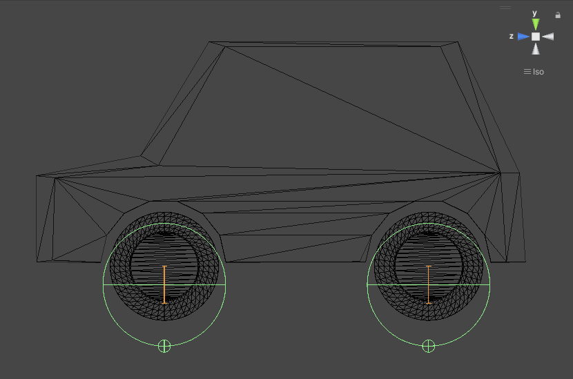 The Wheel collider gizmo indicates the position of the Wheel collider in relation to the wheel model. In this image, the Wheel collider is too large and too low.