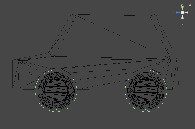 The Wheel collider gizmo indicates the position of the Wheel collider in relation to the wheel model. In this image, the Wheel collider is centered correctly in the wheel model.