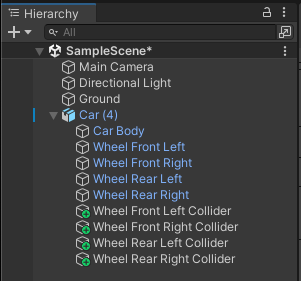 루트 차량 게임 오브젝트와 차체, 4개의 휠 모델 게임 오브젝트, 4개의 휠 콜라이더 게임 오브젝트를 포함한 모든 자식 게임 오브젝트