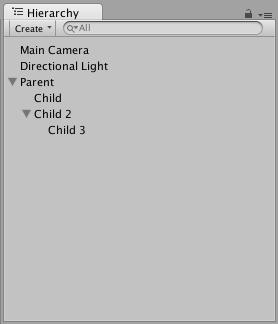 이 이미지에서, Child와 Child 2는 Parent의 자식 오브젝트입니다. Child 3은 Child 2의 자식 오브젝트이므로 Parent의 하위 항목 오브젝트입니다.
