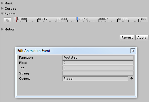 The event dialog box shown when adding or editing an event on an imported animation