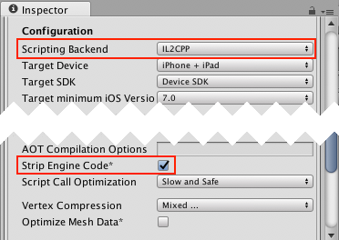 Player Settings in the Inspector window, displaying the enabled code stripping feature for iOS 