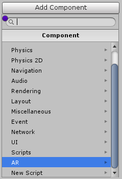 Spatial Mapping 컴포넌트에 액세스하려면 Component 메뉴에서 AR 을 선택합니다.