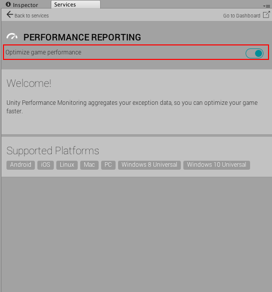 __Optimize game performance__를 토글하여 퍼포먼스 리포팅을 켭니다.