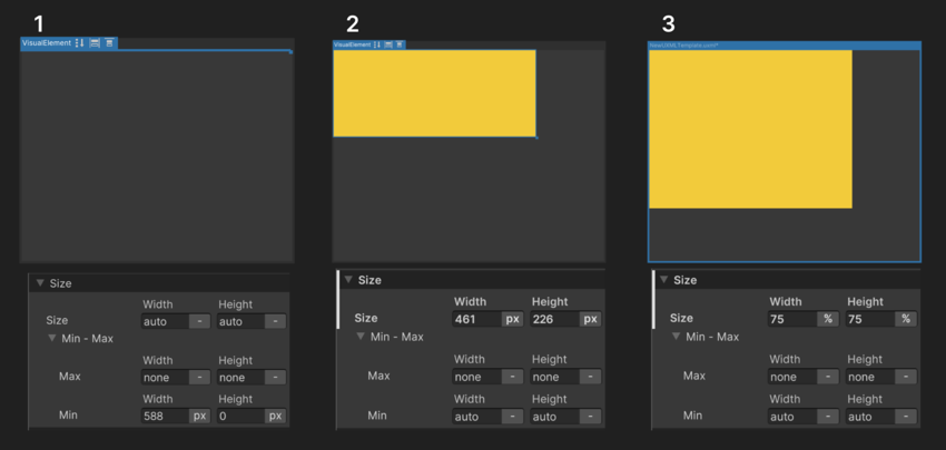Examples of the default Size settings and Sizes defined in pixels and percentages.