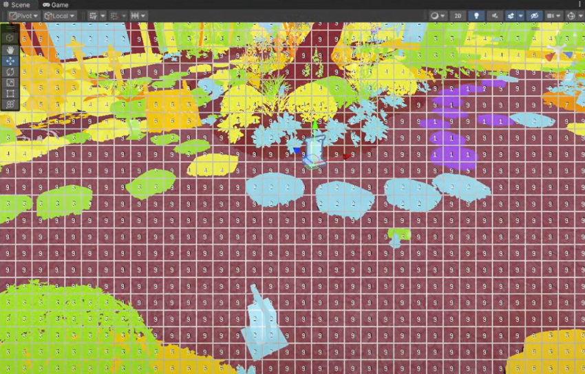 포워드+ 렌더링 경로를 사용하는 Lighting Complexity Debug Draw Mode의 예시입니다. 격자를 이루는 각 사각형은 타일이며, 각각의 값은 타일에 영향을 미치는 광원의 수를 나타냅니다.