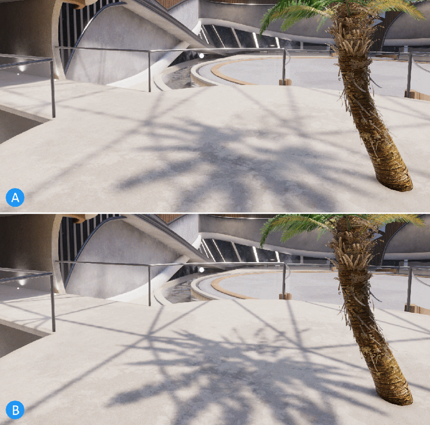 A: 최대 거리 40, 그림자 해상도 2048. B: 최대 거리 10, 그림자 해상도 1024.