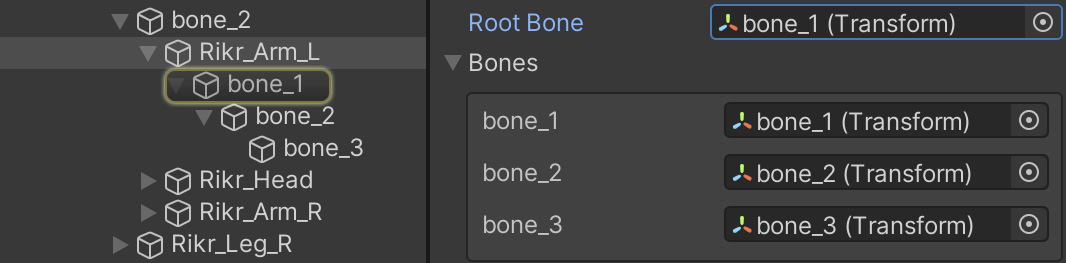이름이 bone_1, bone_2, bone_3인 GameObject Transform 컴포넌트입니다.