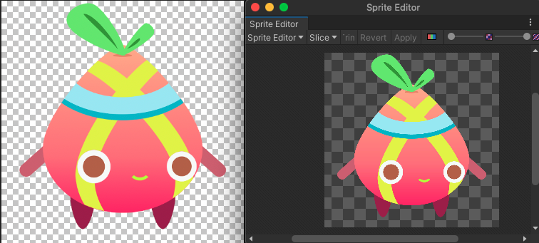 왼쪽: 캐릭터 스프라이트 오른쪽: 캐릭터 스프라이트와 동일한 텍스처가 있는 Sprite Editor 창입니다.