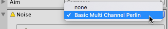 Basic Multi Channel Perlin 컴포넌트를 선택하여 카메라 노이즈 추가