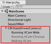 상태 기반 카메라와 세 개의 자식 가상 카메라(빨간색)