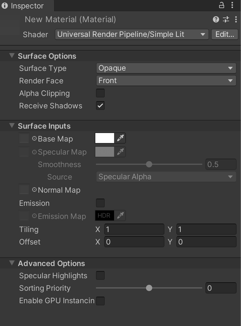 파티클 심플 릿 셰이더의 인스펙터