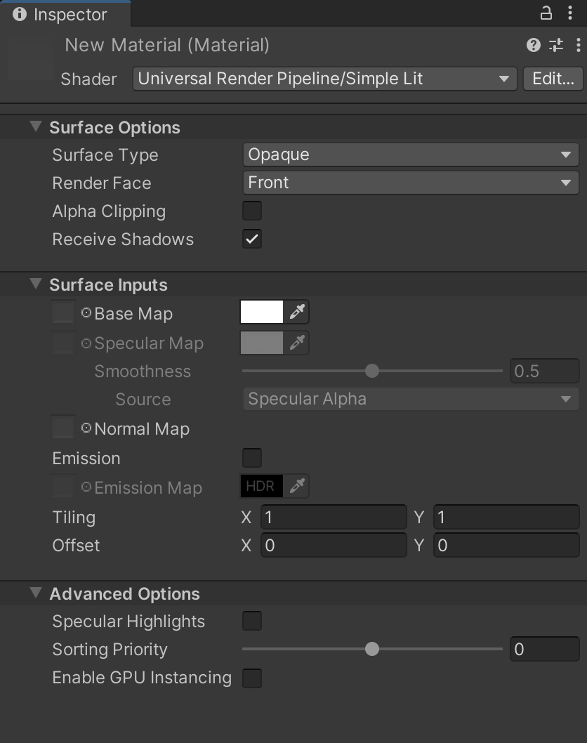 릿 셰이더의 인스펙터