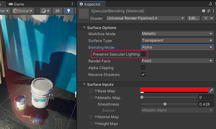 Preserve Specular Lighting이 비활성화된 머티리얼