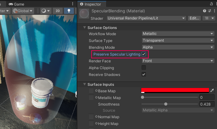 Preserve Specular Lighting이 활성화된 머티리얼