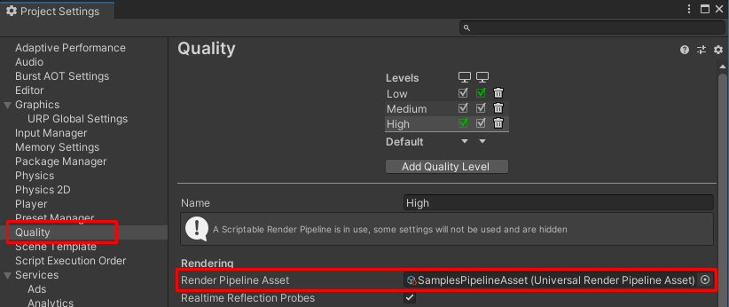 Project Settings > Quality > Render Pipeline Asset에서 SamplesPipelineAsset 선택