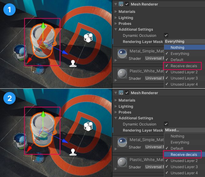 이미지 `1`에서 페인트통에 `Receive decals` 레이어가 선택되어 있습니다. 이미지 `2`에서는 그렇지 않으므로, 데칼 프로젝터가 페인트통에 투사하지 않습니다.