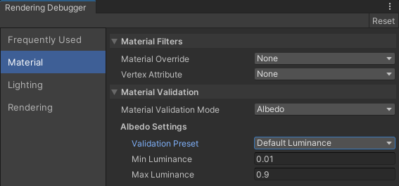 Rendering Debugger 창, Material 섹션