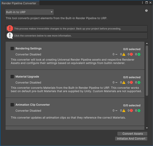 Render Pipeline Converter 다이얼로그