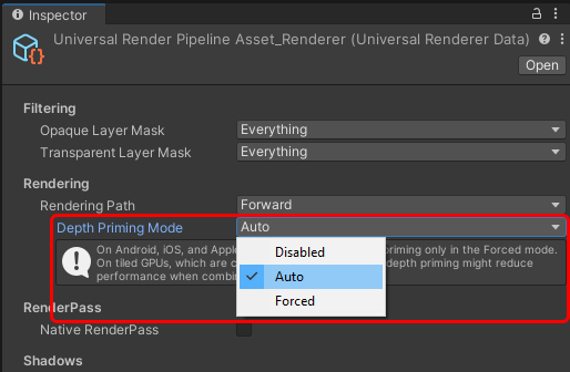 Depth Priming Mode 프로퍼티.