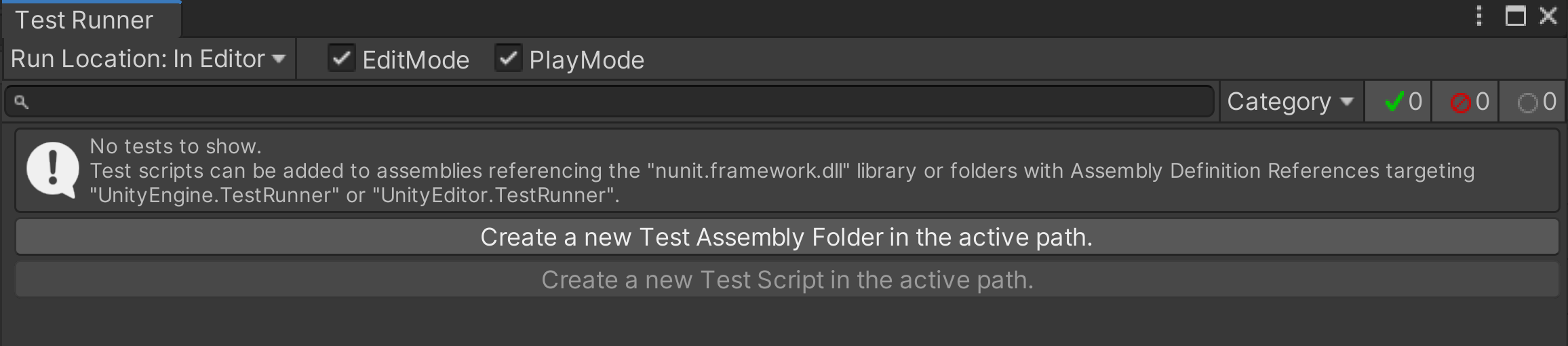 Test Runner 창의 EditMode 탭