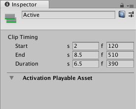 타임라인 창에서 활성화 클립을 선택한 경우의 인스펙터 창