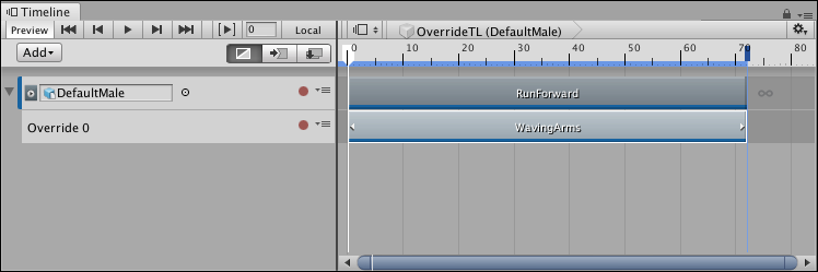 애니메이션 오버라이드 트랙에는 가만히 서서 팔을 흔드는 휴머노이드 애니메이션 클립(WavingArms)이 포함되어 있습니다. 클립의 크기가 부모 애니메이션 트랙에 있는 애니메이션 클립(Run_Forward)과 일치하도록 조절됩니다.