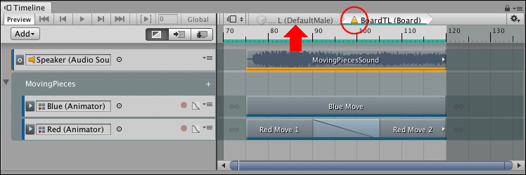 경고 아이콘(빨간색 원)은 타임라인 재생 헤드 컨트롤이 비활성화되었음을 의미합니다.